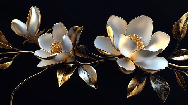 Elegant floral design with golden metallic leaves and white magnolia on a black background

