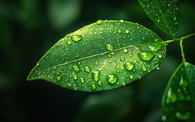 Wall Mural - Professional stock photo of a Rain-Drenched Leaf with Water Droplets Sparkling