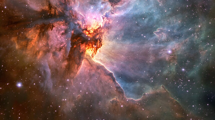Poster - orion nebula with bright stars and colorful gas clouds in deep space
