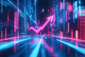 Poster - A digital representation of growth, featuring an upward arrow amidst vibrant neon lights.