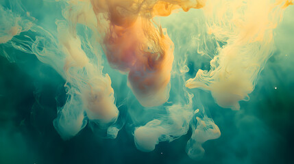 Poster - Close up of vibrant orange and yellow liquid in a glass container with bubbles and texture