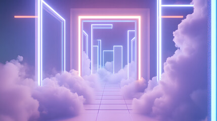 Poster - Hallway featuring vibrant neon light installation and decorative cloud hanging from the ceiling