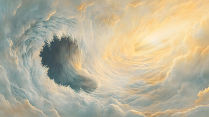 Poster - Large wave formation in a bright blue sky with clouds and sunlight shining through
