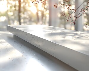 Poster - Clean White Tabletop with Softly Blurred Neutral Background for Versatile Product Presentation