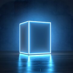 Poster - glowing illuminated cube platform on seamless white backdrop for futuristic product presentation