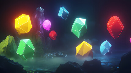 Poster - Colorful crystals floating in the dark creating a mesmerizing visual display of light and color