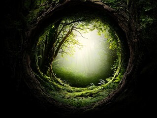 Poster - a glowing portal opening in the middle of an ancient forest, swirling light emanating from within, illuminating the surrounding trees with an ethereal glow, mystical realism