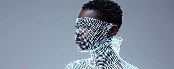 Poster - a woman wearing a bioluminescent dress, the fabric glowing in waves of soft blue and purple, futuristic high-fashion aesthetic, hyper-detailed textures