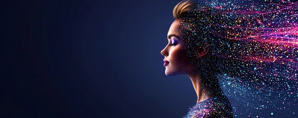 Poster - a woman wearing a bioluminescent dress, the fabric glowing in waves of soft blue and purple, futuristic high-fashion aesthetic, hyper-detailed textures