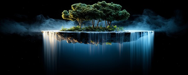 Poster - a floating island surrounded by glowing waterfalls, bioluminescent vegetation casting soft radiant light, a dreamlike fantasy world, ultra-detailed textures