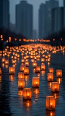 Poster - a magical floating lantern festival, the night sky glowing with thousands of warm orange and golden 