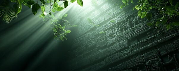 Poster - a hidden temple deep in the jungle, its ancient carvings glowing with mystical energy, vines intertwining with the illuminated stone, adventure fantasy aesthetic, ultra-detailed textures