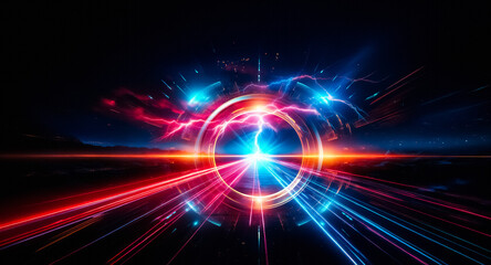 Poster - A vibrant display of red and blue light trails on a dark road leads to a dramatic lightning strike illuminating the horizon under a stormy sky.