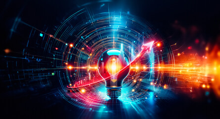 Aufkleber - A luminous light bulb radiates bright energy, encircled by glowing lines and dots, set against a dark digital backdrop in a futuristic tech style.