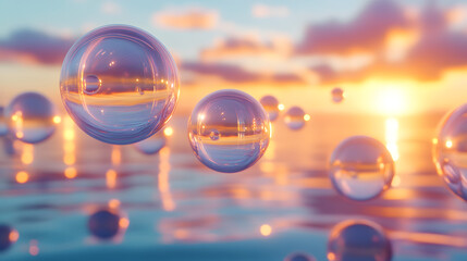 Poster - Group of bubbles floating in clear water creating rippling patterns and reflections