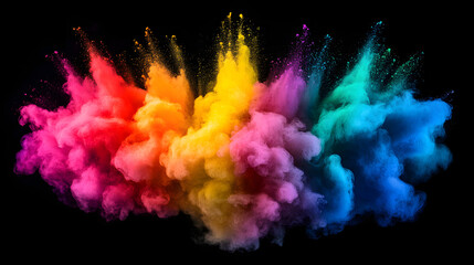 Poster - Colorful powder explosion creating vibrant clouds on a black background in a dynamic display of color and movement
