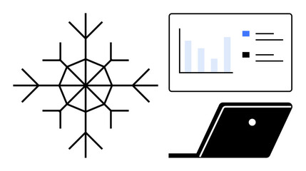 Poster - Snowflake beside an open laptop displaying a graph. Ideal for winter business, data visualization, technology during cold seasons, business analysis, conceptual digital ideas, seasonal marketing