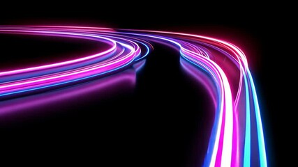 Poster - Neon light trails form dynamic curves in dark abstract motion scene