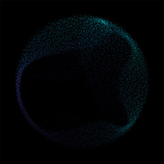 Poster - Abstract vector dot particles fluid flowing round shape wavy smooth curve blue green gradient light on black background in concept of technology, science, music, modern.