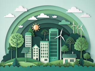 Poster - paper-cut world, concept of nature conservation and ecology support . Generative AI