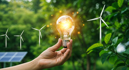 Poster - Light bulb in hand, concept of nature conservation and ecology support . Generative AI