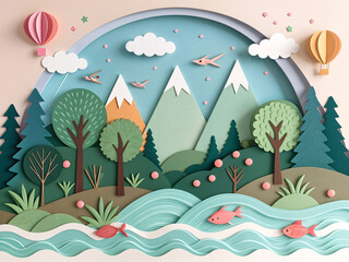 Poster - paper-cut world, concept of nature conservation and ecology support . Generative AI