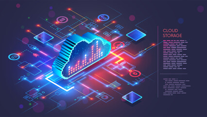 Poster - Cloud storage for IOT smart home. Internet of Things smart home system. The cloud storage is synchronized with smart home system. Isometric concept of Cloud computing. IOT icons of devices connection.
