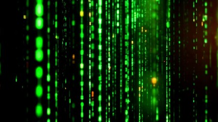 Fototapete - Dynamic green matrix code falling with flickering light effect in a digital scifi environment