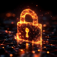 Poster - Fiery Orange Glowing Padlock Abstract Digital Security Concept