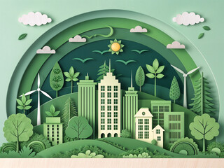 Poster - paper-cut world, concept of nature conservation and ecology support . Generative AI