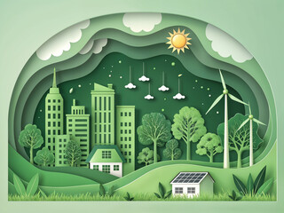 Poster - paper-cut world, concept of nature conservation and ecology support . Generative AI