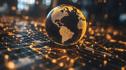 Poster - Golden Illuminated Earth Globe on Dark Grid Network