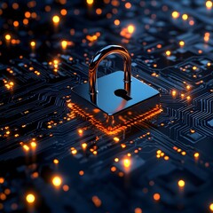 Poster - Metallic Padlock on Glowing Circuit Board Digital Security Concept