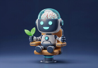Poster - cute robot with sprout in hand, concept of nature conservation and ecology support . Generative AI