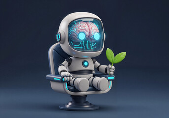 Poster - cute robot with sprout in hand, concept of nature conservation and ecology support . Generative AI