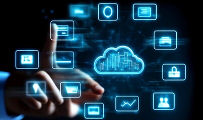 Poster - Modern cloud technology and computing concept with man finger on digital touch screen with cloud icon surrounded by internet technology symbols ,
