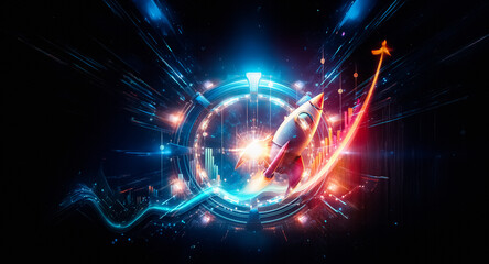 Poster - Rocket ship soaring upwards, symbolizing rapid growth and progress.  A vibrant graph line ascends alongside, highlighting success and positive direction against a dark backdrop.