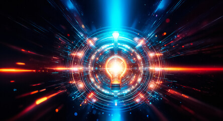Aufkleber - Abstract glowing circle with blue and orange lights on a black background. Futuristic and abstract sci-fi technology design element.