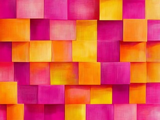 Poster - A magenta, orange, and yellow square patchwork radiates sunny, summer joy. isolated on a solid magenta background. Illustrations ,

