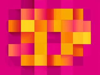 Poster - A magenta, orange, and yellow square patchwork radiates sunny, summer joy. isolated on a solid magenta background. Illustrations ,

