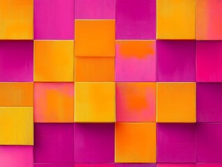 Poster - A magenta, orange, and yellow square patchwork radiates sunny, summer joy. isolated on a solid magenta background. Illustrations ,


