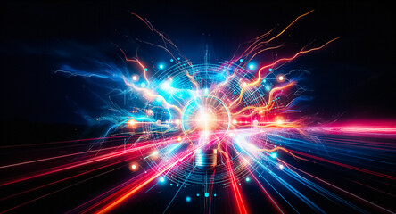 Fototapete - Glowing lightbulb surrounded by abstract digital elements in blue and orange on a black background. Circles, lines and dots create a futuristic and innovative design.