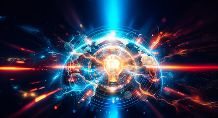 Poster - A glowing bitcoin symbol dominates a digital globe in space.  Smaller glowing circles orbit the earth, suggesting a global financial network in a cosmic setting.