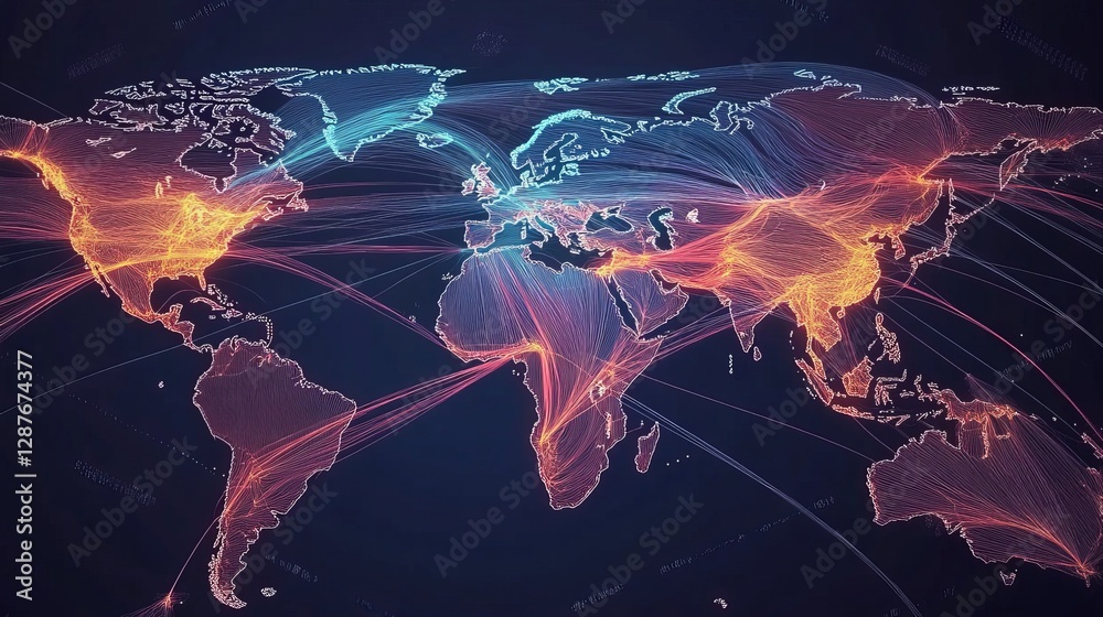 World map with US highlighted, animated lines showing disrupted global ...