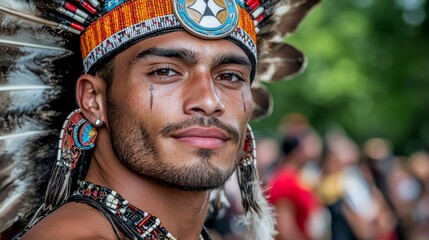 Traditional indigenous dancer exhibits vibrant costume and proud expression during cultural festival celebration in summer sunlight