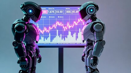 Poster - Futuristic robots analyzing stock market trends on digital screen in hightech environment