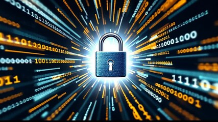 Fototapete - Digital security evolution: animated lock with dynamic binary code background