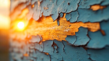 Poster - Close-up of peeling blue paint on wood with sunset light shining through, rustic texture. Nature and decay concept