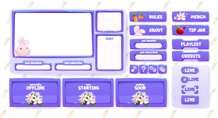 Poster - Stream overlay set with purple frames and cute spring elements - bunny mascot, daisy flowers, strawberry and carrot icons. Screen layouts of donation alerts, chat box, live status for gaming broadcast