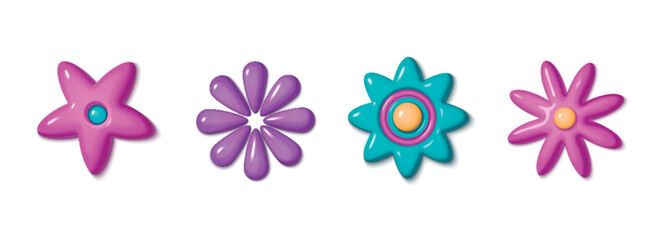 Poster - Y2k style 3D floral elements with glossy flower petals in pink, purple and turquoise colors. Bright rounded shapes on white background for retro aesthetic design. Cute abstract cartoon plastic blooms.